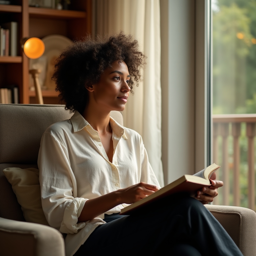 Woman sitting thoughtfully with a journal exploring emotional connections to spending