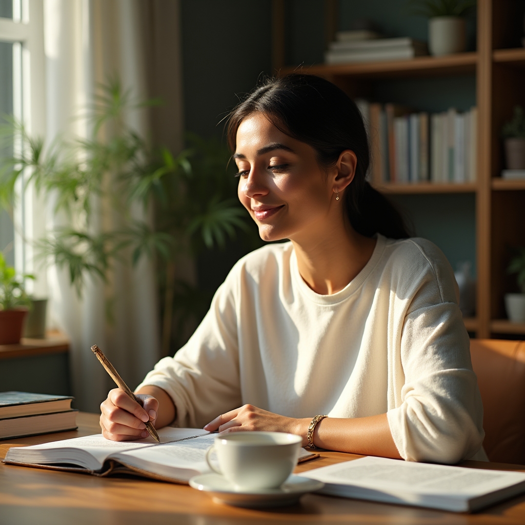 Person journaling and reflecting on spending habits at a calm desk workspace